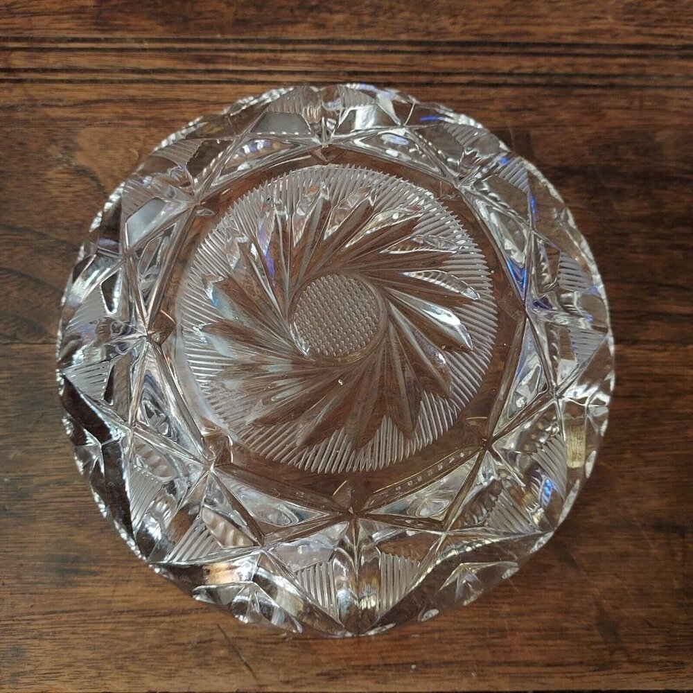 Vintage Cut Bohemia Czech Crystal Ash Dish Round 5.5 Diameter Geometric Design - Picture 6 of 8